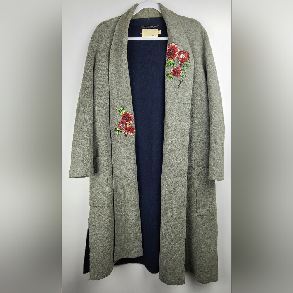 Uma gray & blue long line  relaxed fit open embroidered cardigan, Sz 1 (PTP 21")